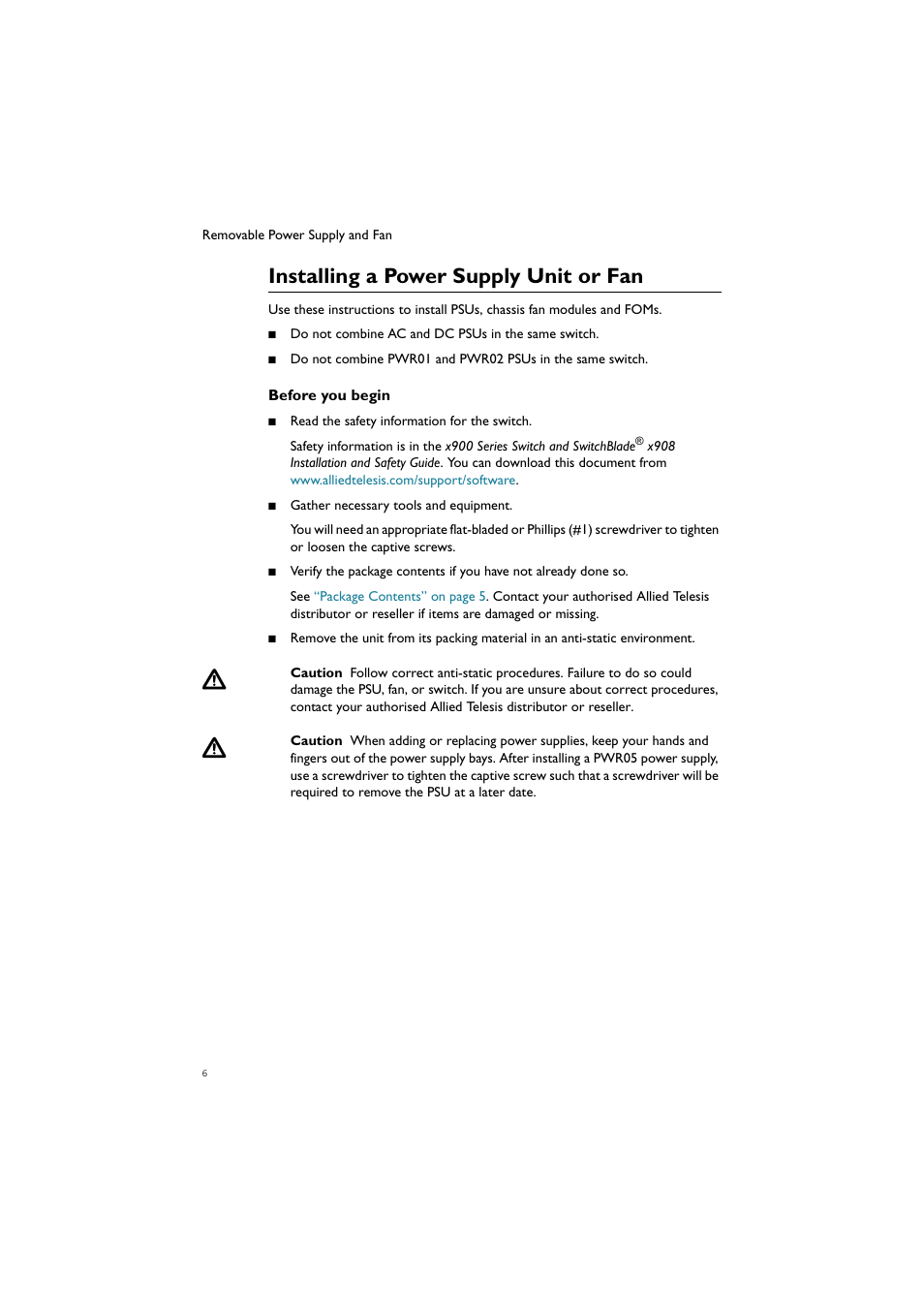 Installing a power supply unit or fan | Allied Telesis Removable Power Supply and Fan User Manual | Page 7 / 27