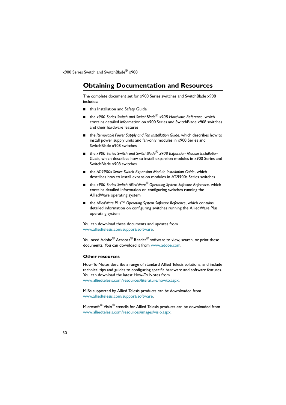 Obtaining documentation and resources | Allied Telesis x900 Series Switch and SwitchBlade x908 User Manual | Page 31 / 55