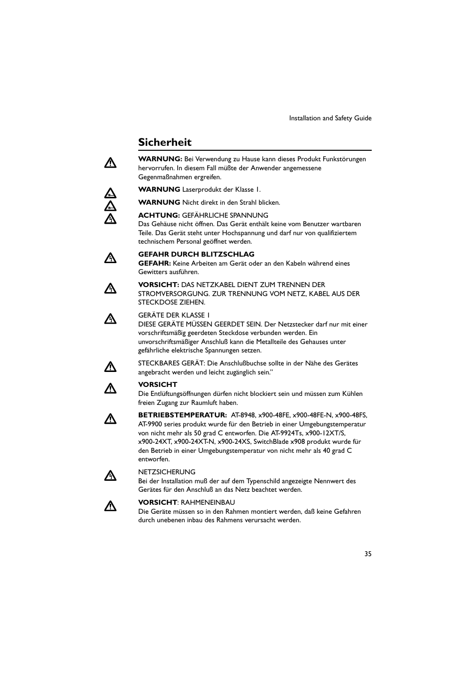 Sicherheit | Allied Telesis x900 Series Switch and SwitchBlade x908 User Manual | Page 36 / 55