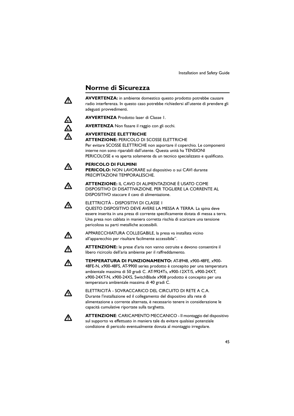Norme di sicurezza | Allied Telesis x900 Series Switch and SwitchBlade x908 User Manual | Page 46 / 55