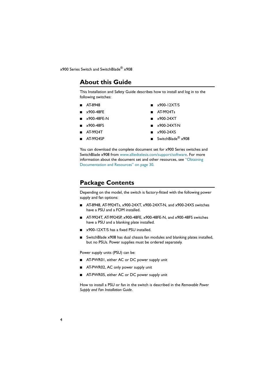 About this guide, Package contents | Allied Telesis x900 Series Switch and SwitchBlade x908 User Manual | Page 5 / 55