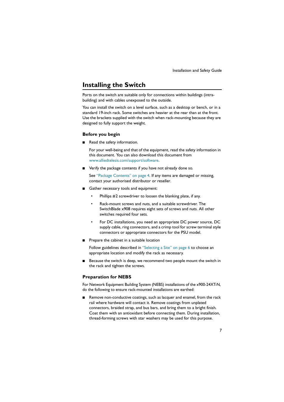 Installing the switch | Allied Telesis x900 Series Switch and SwitchBlade x908 User Manual | Page 8 / 55