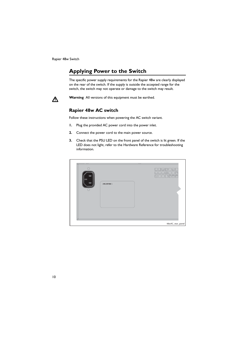 Applying power to the switch, Rapier 48w ac switch | Allied Telesis Rapier 48w Switch User Manual | Page 11 / 46