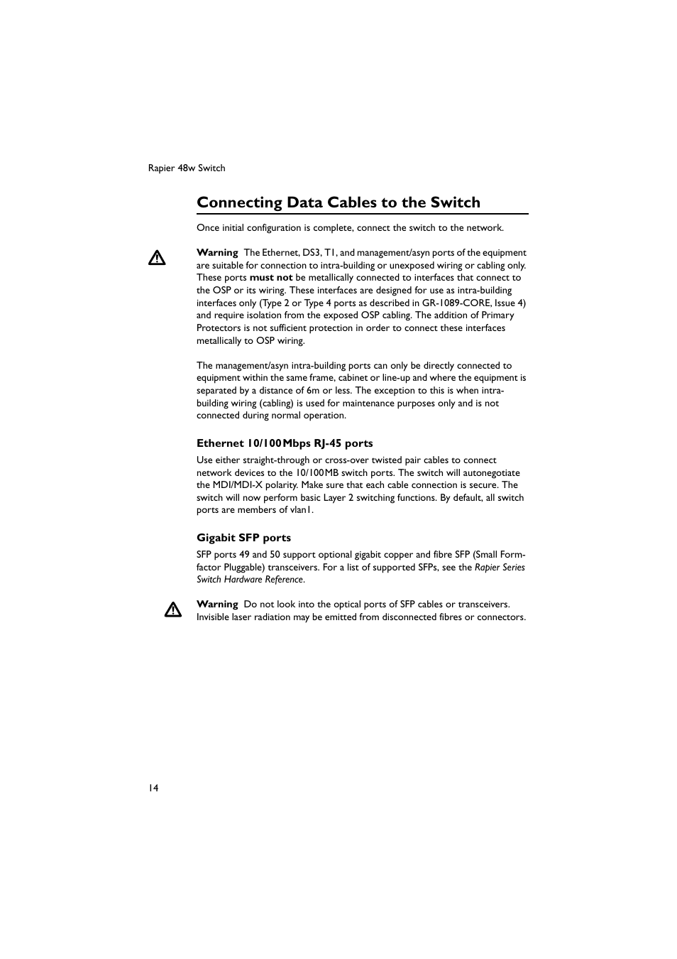 Connecting data cables to the switch | Allied Telesis Rapier 48w Switch User Manual | Page 15 / 46