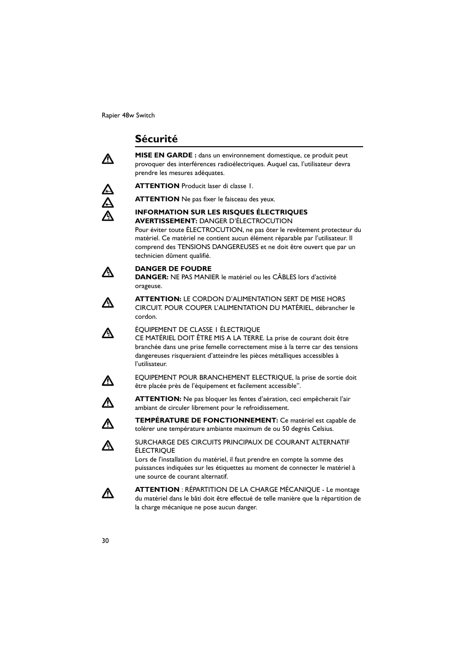 Sécurité | Allied Telesis Rapier 48w Switch User Manual | Page 31 / 46