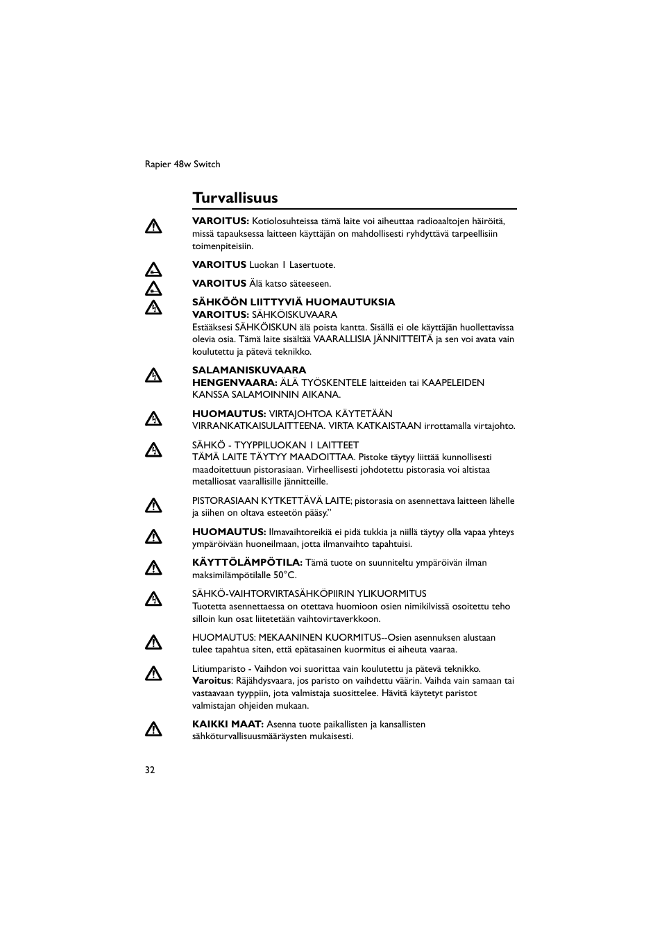 Turvallisuus | Allied Telesis Rapier 48w Switch User Manual | Page 33 / 46