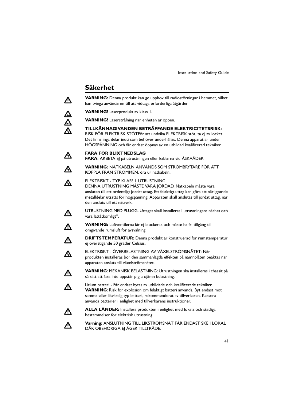 Säkerhet | Allied Telesis Rapier 48w Switch User Manual | Page 42 / 46