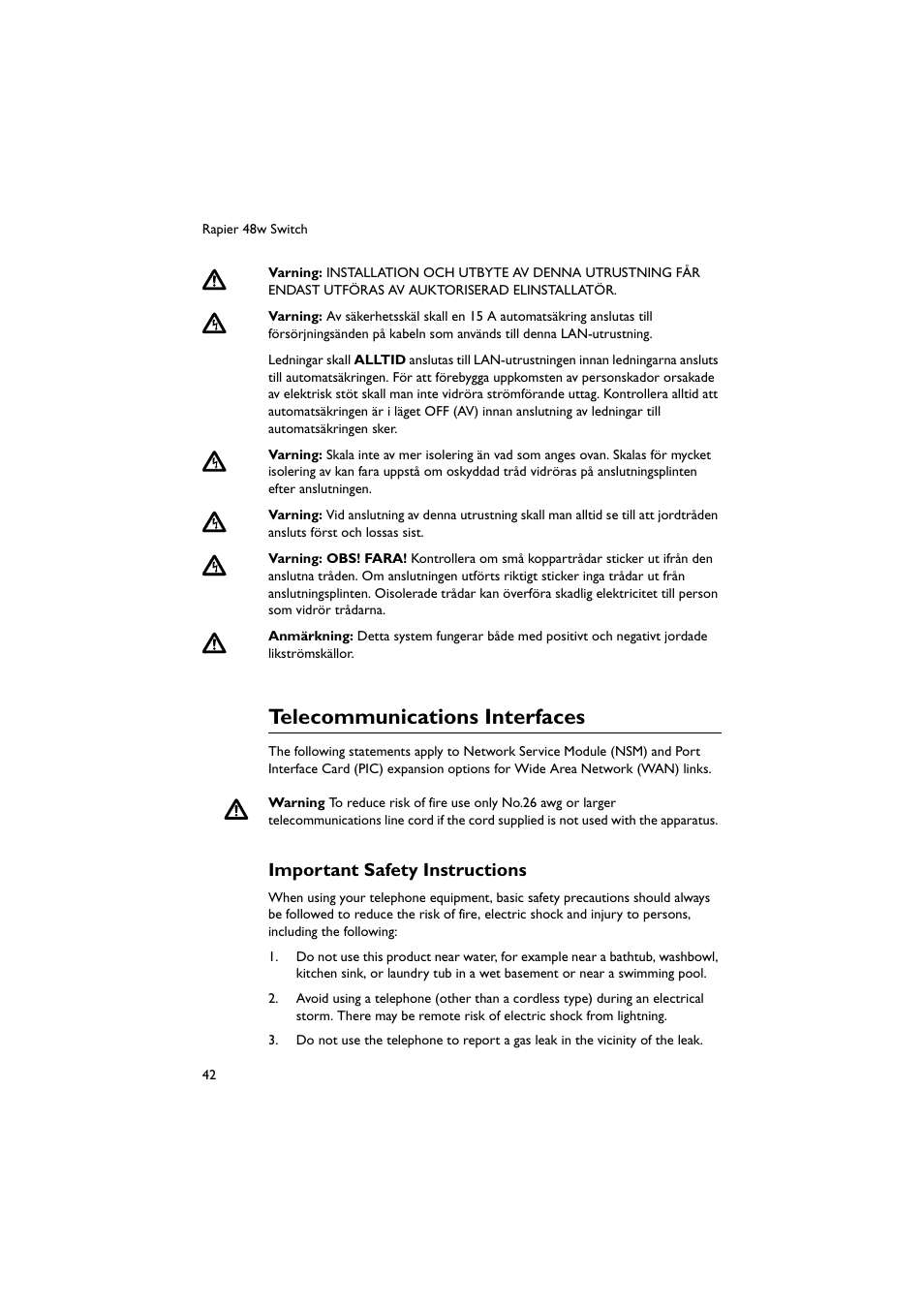 Telecommunications interfaces, Important safety instructions | Allied Telesis Rapier 48w Switch User Manual | Page 43 / 46