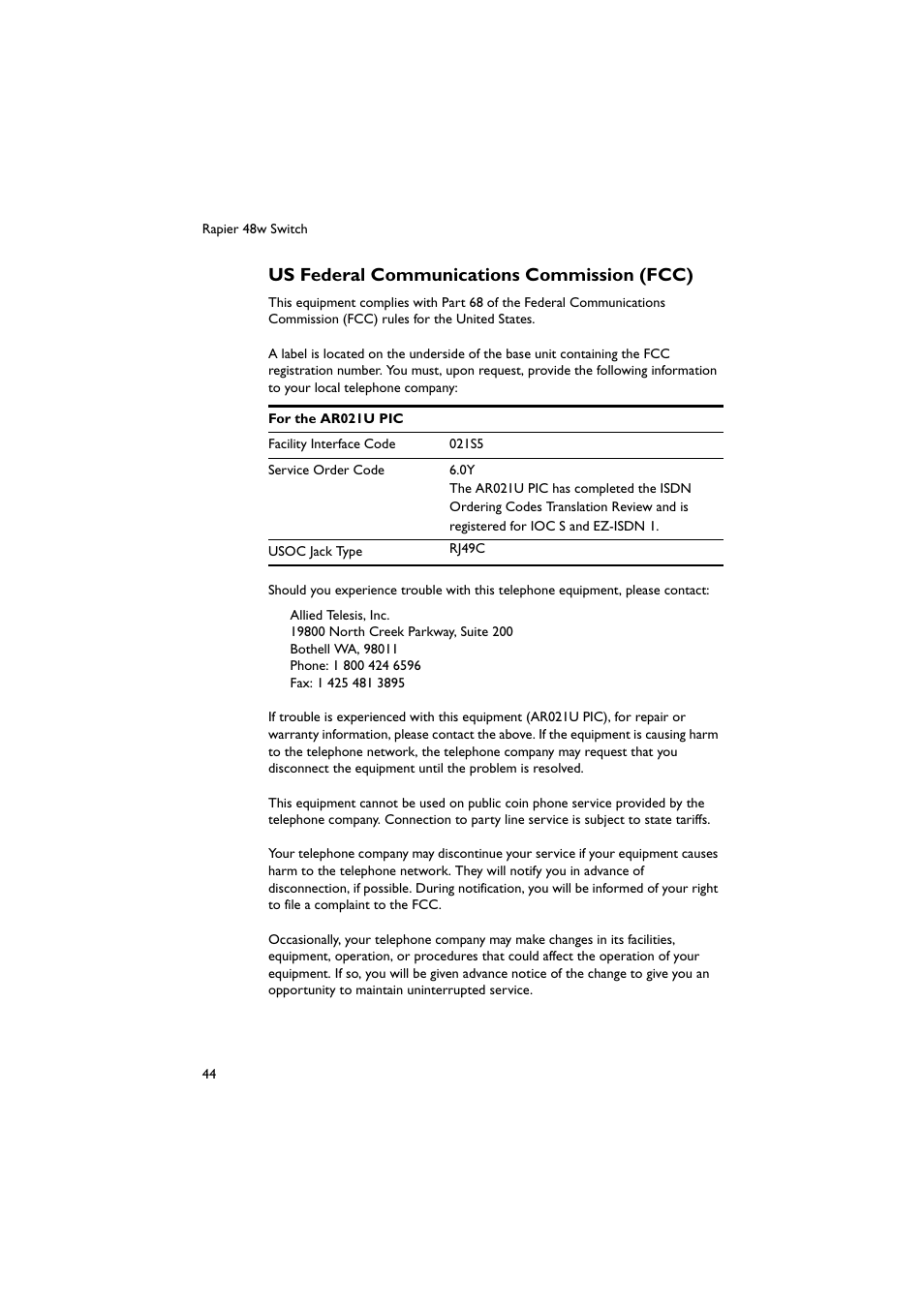 Us federal communications commission (fcc) | Allied Telesis Rapier 48w Switch User Manual | Page 45 / 46