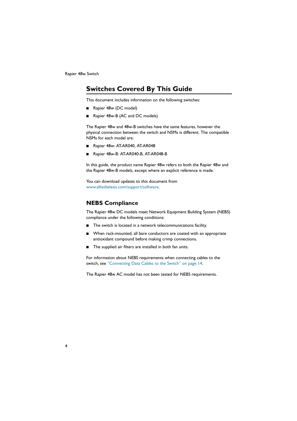 Switches covered by this guide, Nebs compliance | Allied Telesis Rapier 48w Switch User Manual | Page 5 / 46