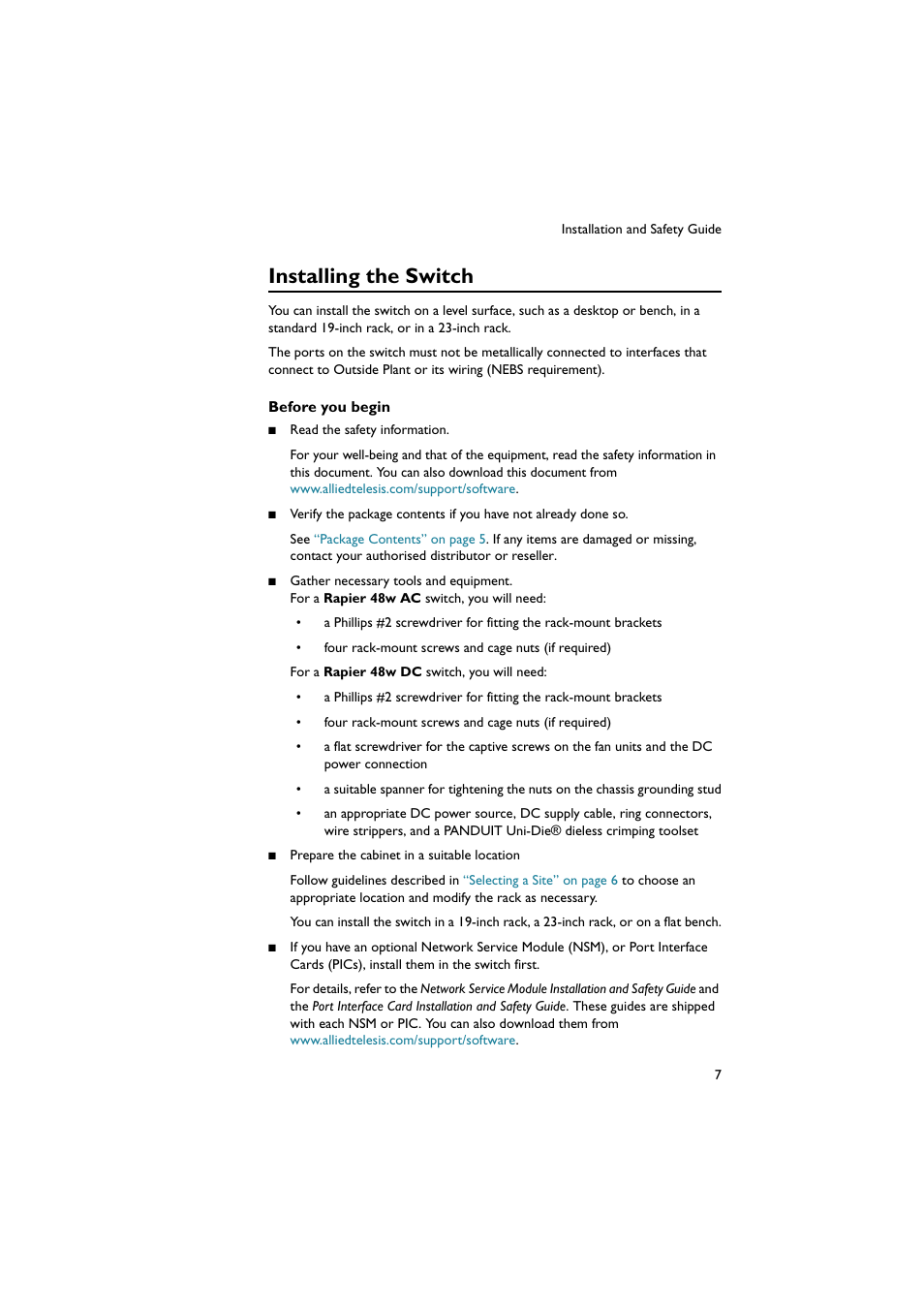Installing the switch | Allied Telesis Rapier 48w Switch User Manual | Page 8 / 46