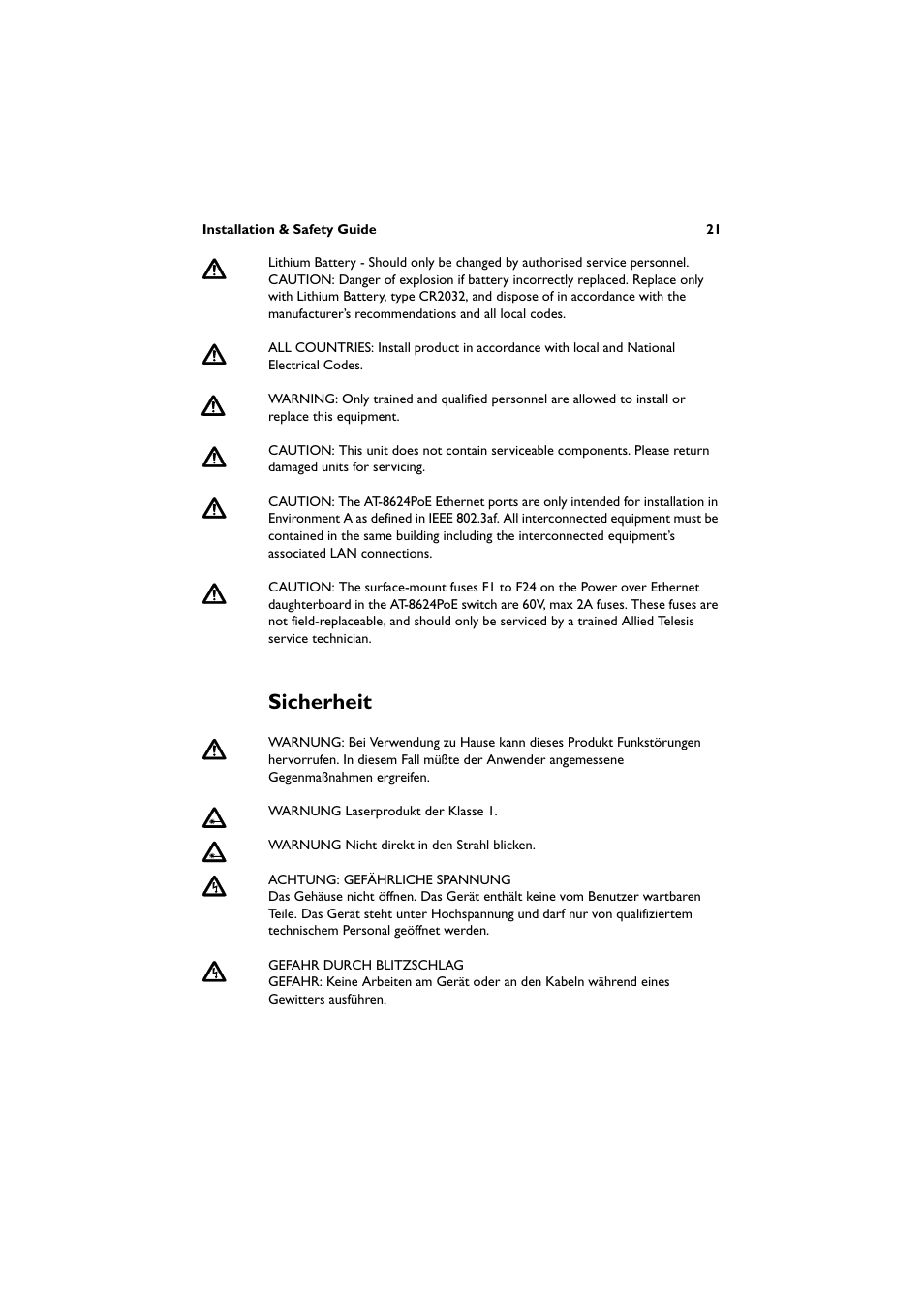 Sicherheit | Allied Telesis AT-8600 Series Switch User Manual | Page 22 / 35