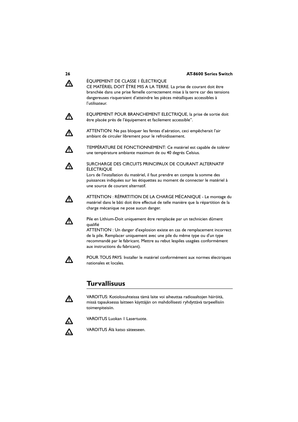 Turvallisuus | Allied Telesis AT-8600 Series Switch User Manual | Page 27 / 35