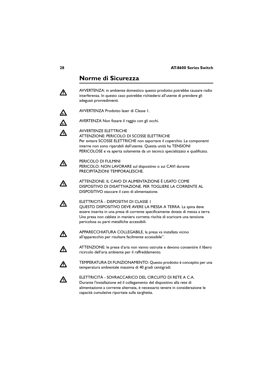 Norme di sicurezza | Allied Telesis AT-8600 Series Switch User Manual | Page 29 / 35