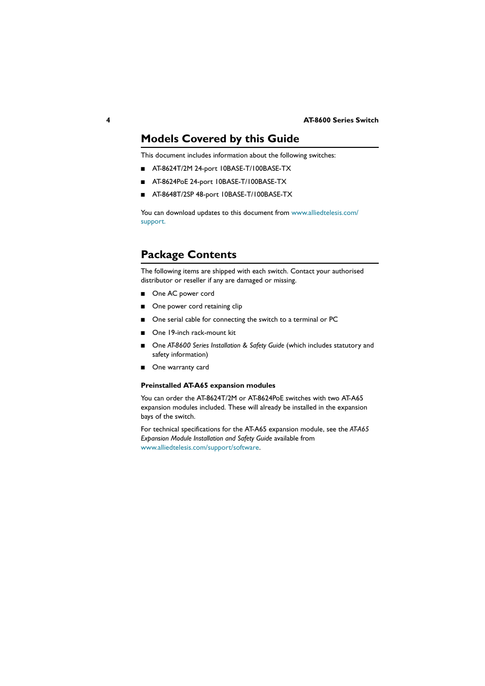 Models covered by this guide, Package contents | Allied Telesis AT-8600 Series Switch User Manual | Page 5 / 35