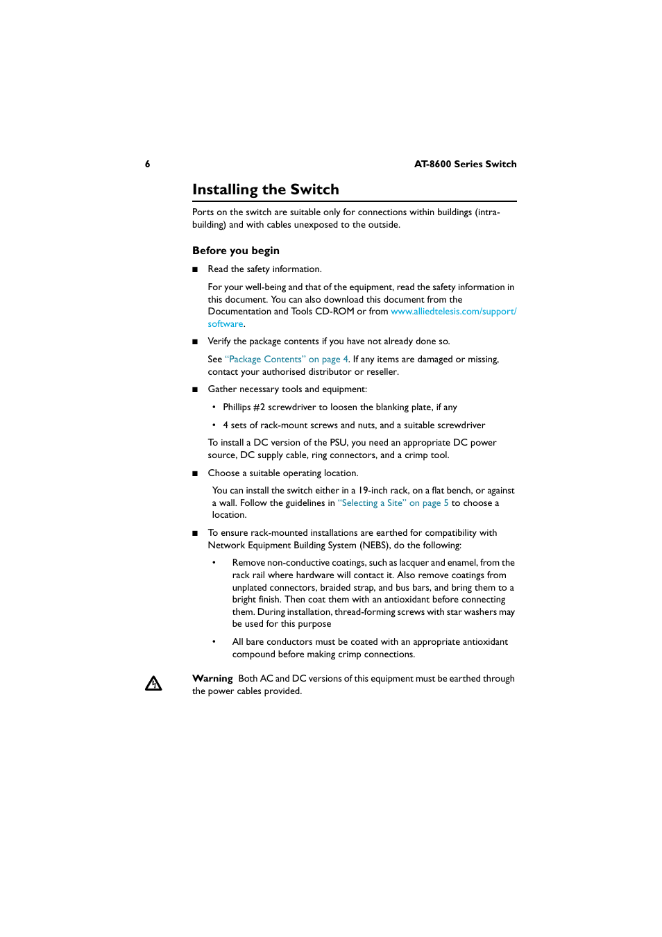 Installing the switch | Allied Telesis AT-8600 Series Switch User Manual | Page 7 / 35