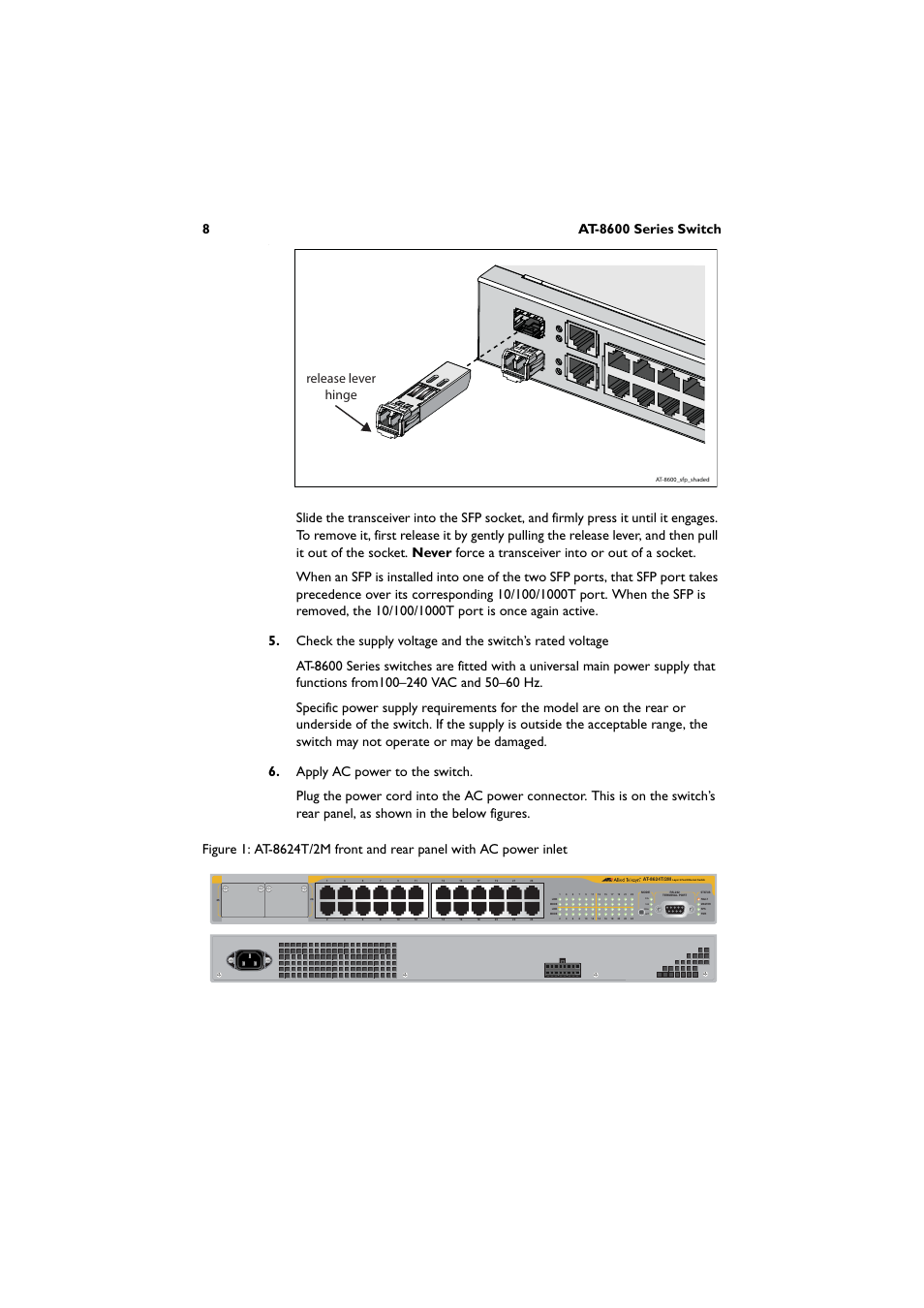 Release lever hinge | Allied Telesis AT-8600 Series Switch User Manual | Page 9 / 35