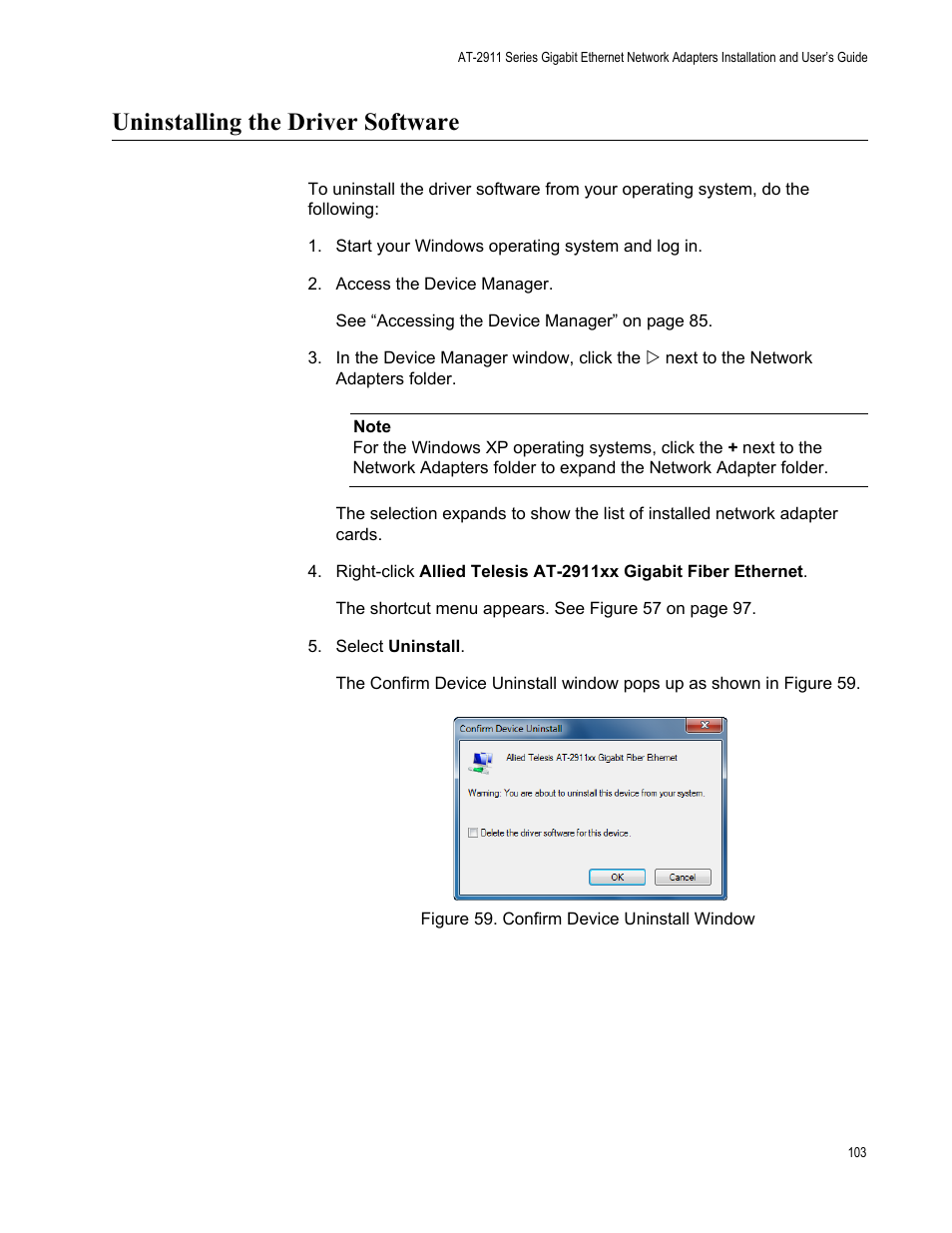 Uninstalling the driver software, Figure 59: confirm device uninstall window | Allied Telesis AT-2911 Series Adapters User Manual | Page 103 / 120