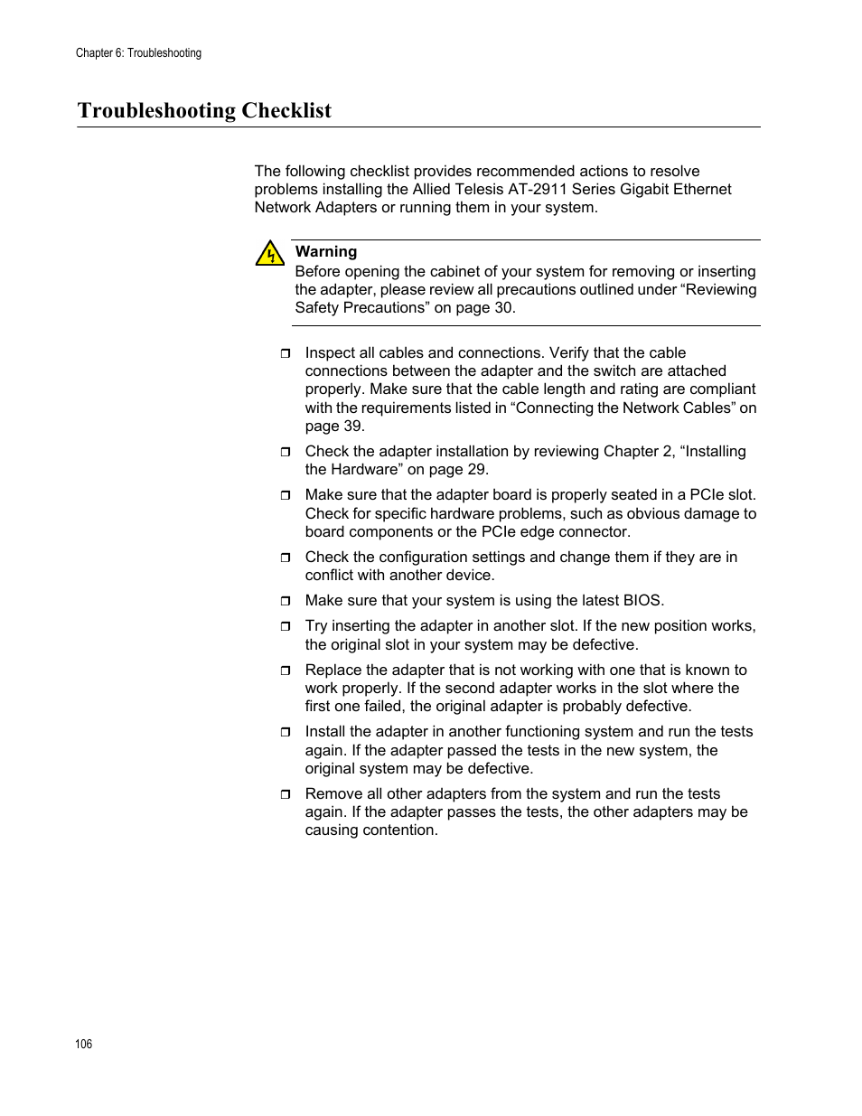 Troubleshooting checklist | Allied Telesis AT-2911 Series Adapters User Manual | Page 106 / 120