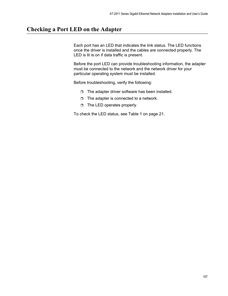 Checking a port led on the adapter | Allied Telesis AT-2911 Series Adapters User Manual | Page 107 / 120