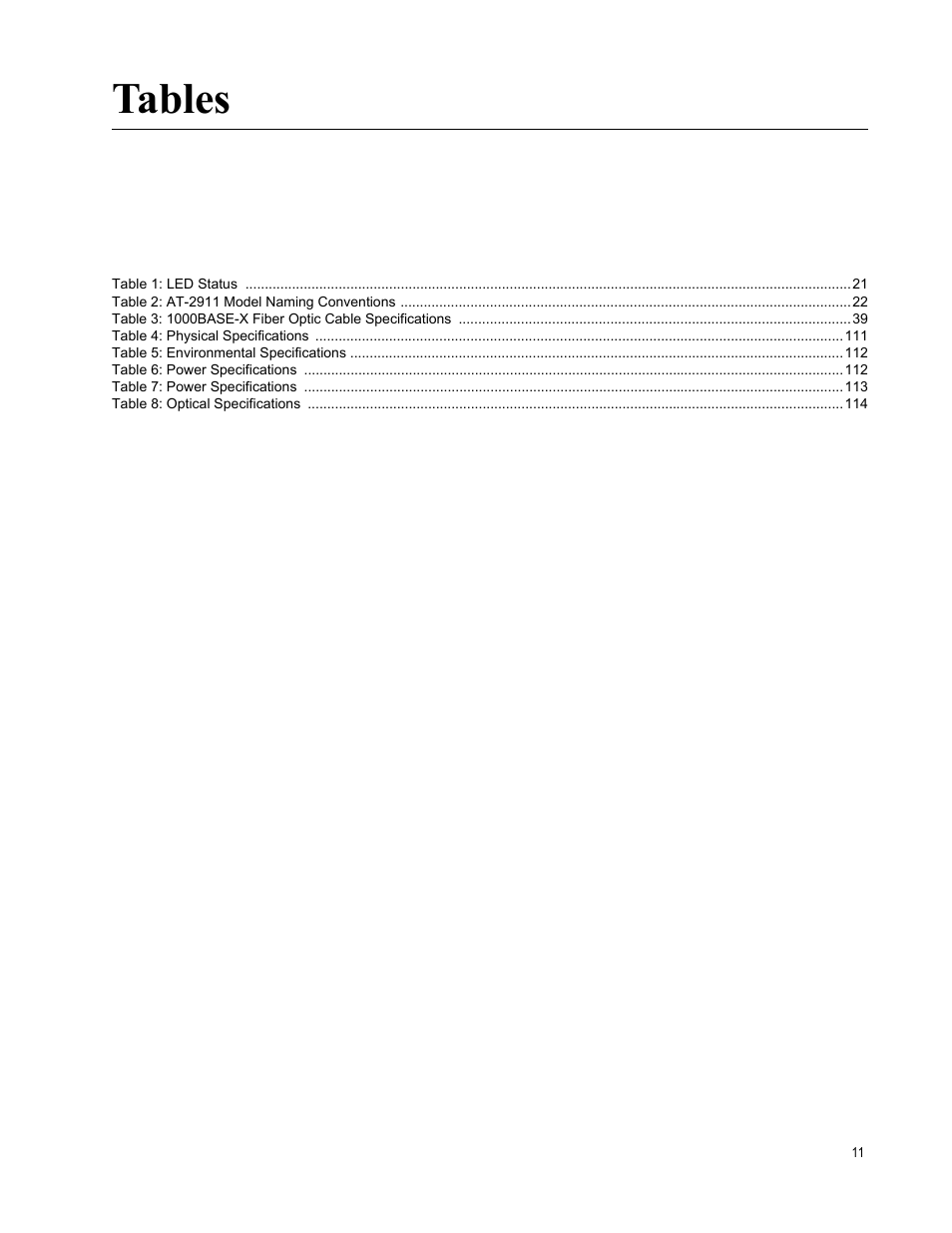 Tables | Allied Telesis AT-2911 Series Adapters User Manual | Page 11 / 120