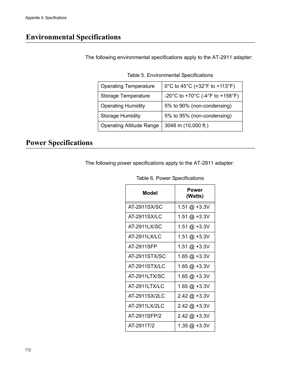 Environmental specifications, Power specifications, Environmental specifications power specifications | Allied Telesis AT-2911 Series Adapters User Manual | Page 112 / 120