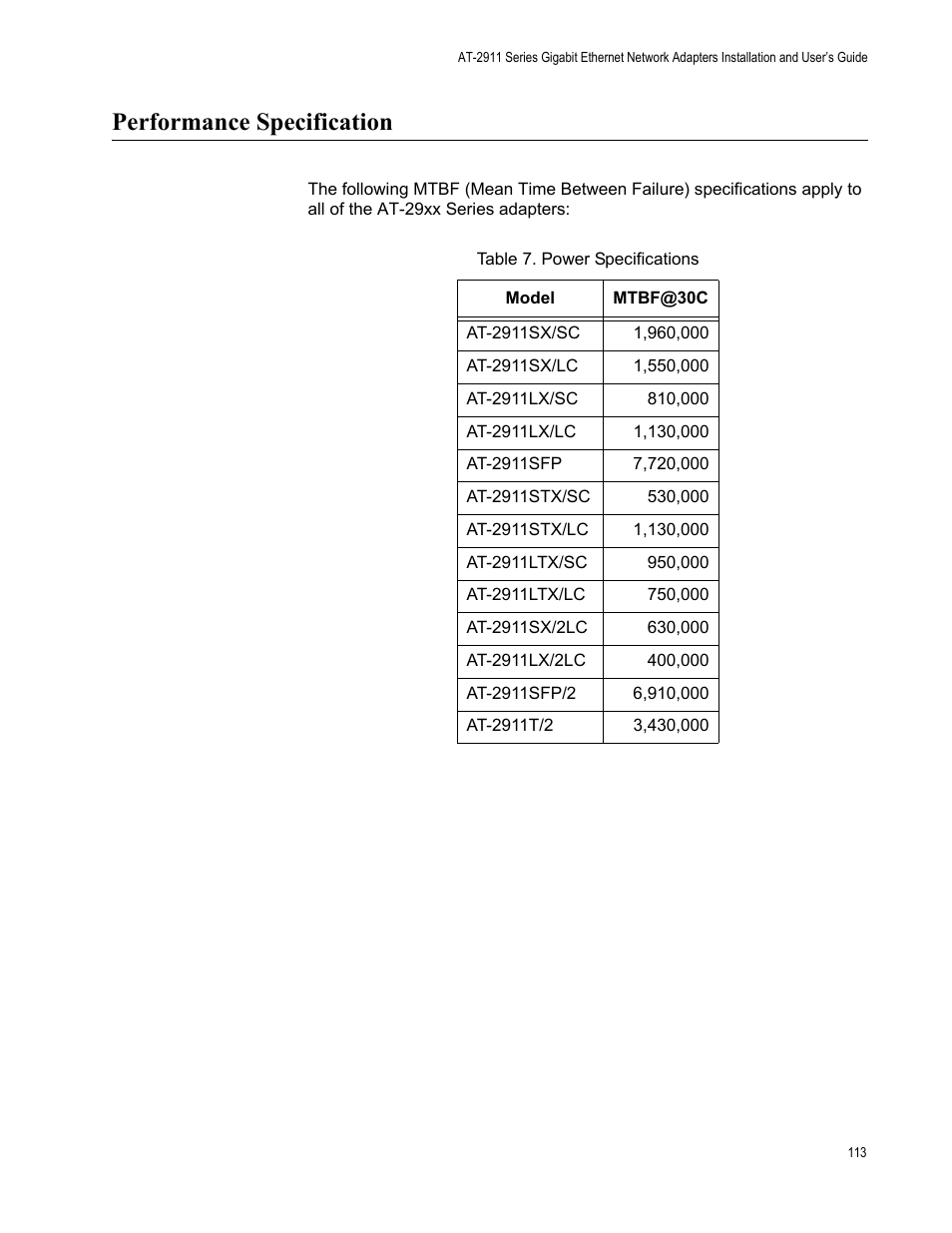 Performance specification, Table 7: power specifications | Allied Telesis AT-2911 Series Adapters User Manual | Page 113 / 120