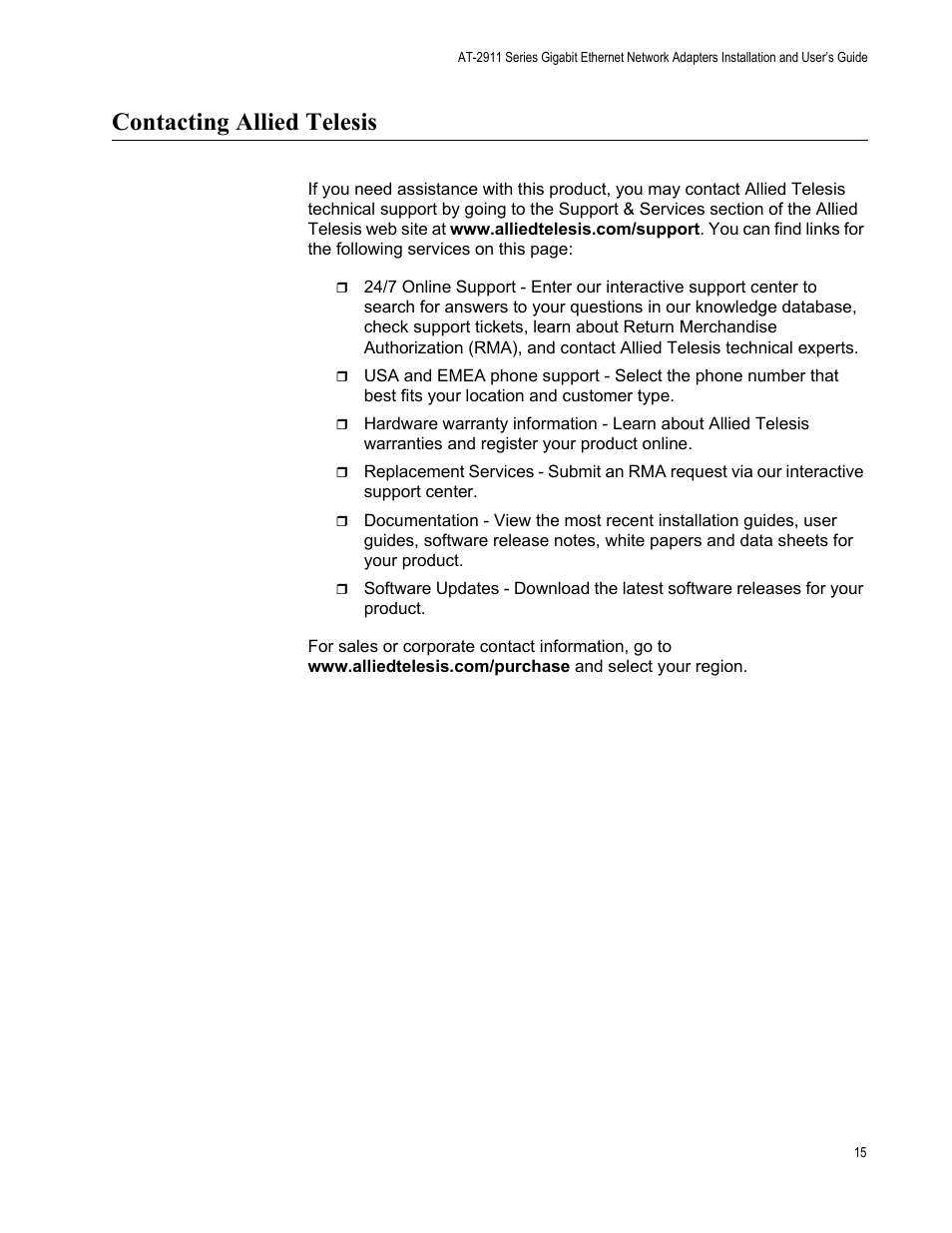 Contacting allied telesis | Allied Telesis AT-2911 Series Adapters User Manual | Page 15 / 120