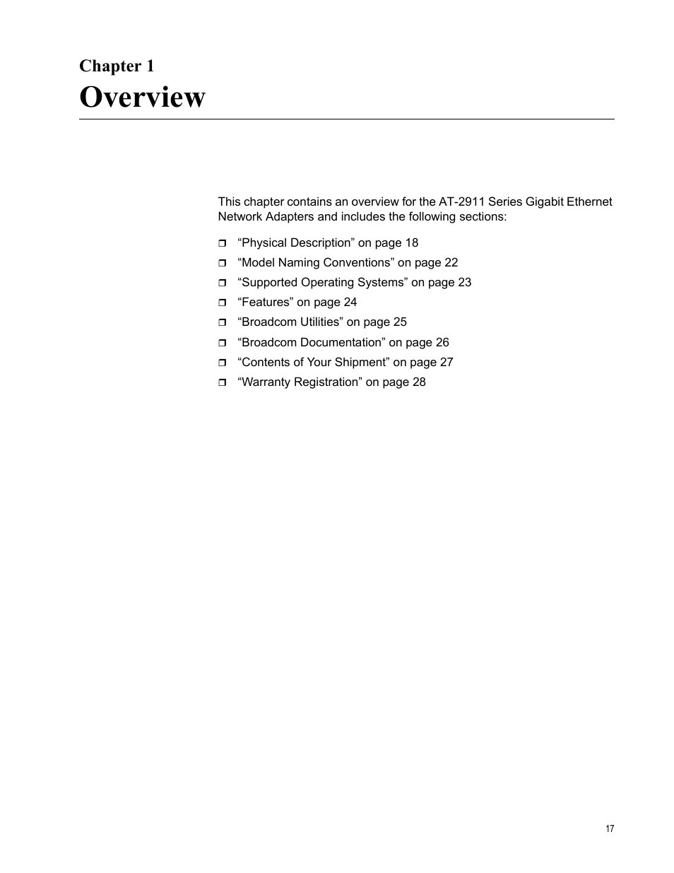 Chapter 1, Overview | Allied Telesis AT-2911 Series Adapters User Manual | Page 17 / 120