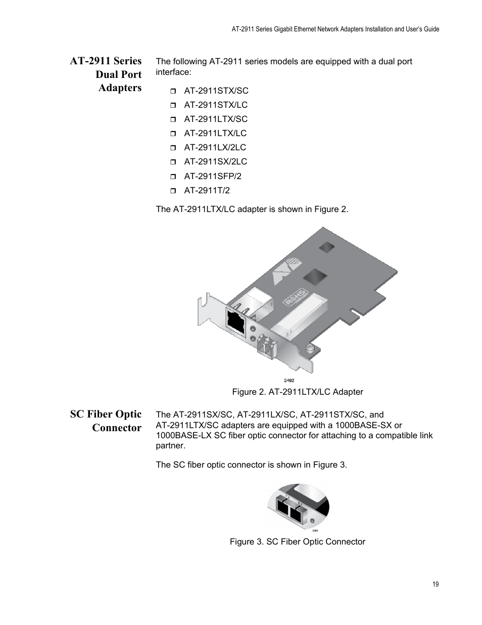 At-2911 series dual port adapters, Sc fiber optic connector | Allied Telesis AT-2911 Series Adapters User Manual | Page 19 / 120