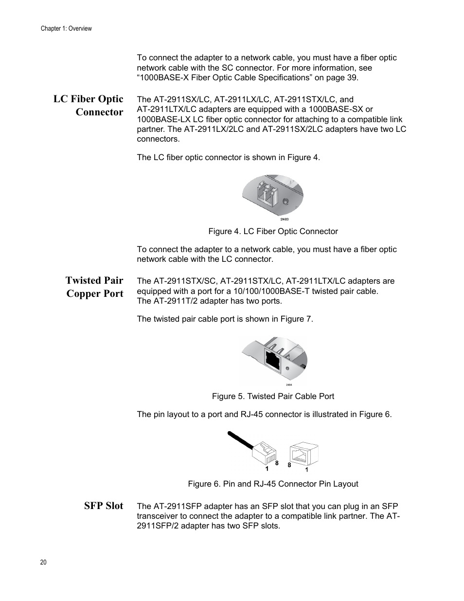 Lc fiber optic connector, Twisted pair copper port, Sfp slot | Allied Telesis AT-2911 Series Adapters User Manual | Page 20 / 120