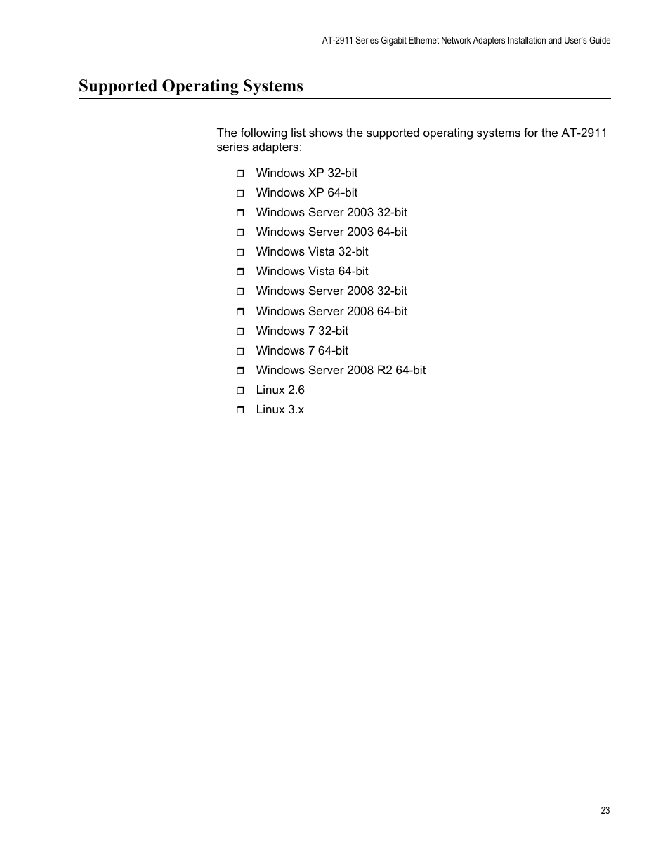 Supported operating systems | Allied Telesis AT-2911 Series Adapters User Manual | Page 23 / 120