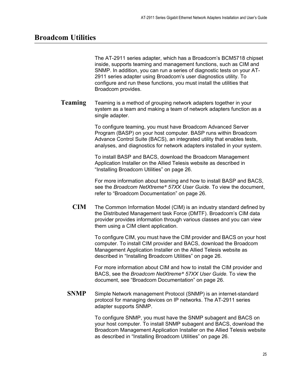 Broadcom utilities, Teaming, Snmp | Teaming cim snmp | Allied Telesis AT-2911 Series Adapters User Manual | Page 25 / 120