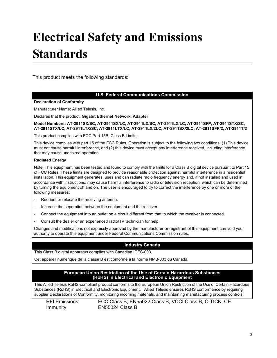 Electrical safety and emissions standards | Allied Telesis AT-2911 Series Adapters User Manual | Page 3 / 120