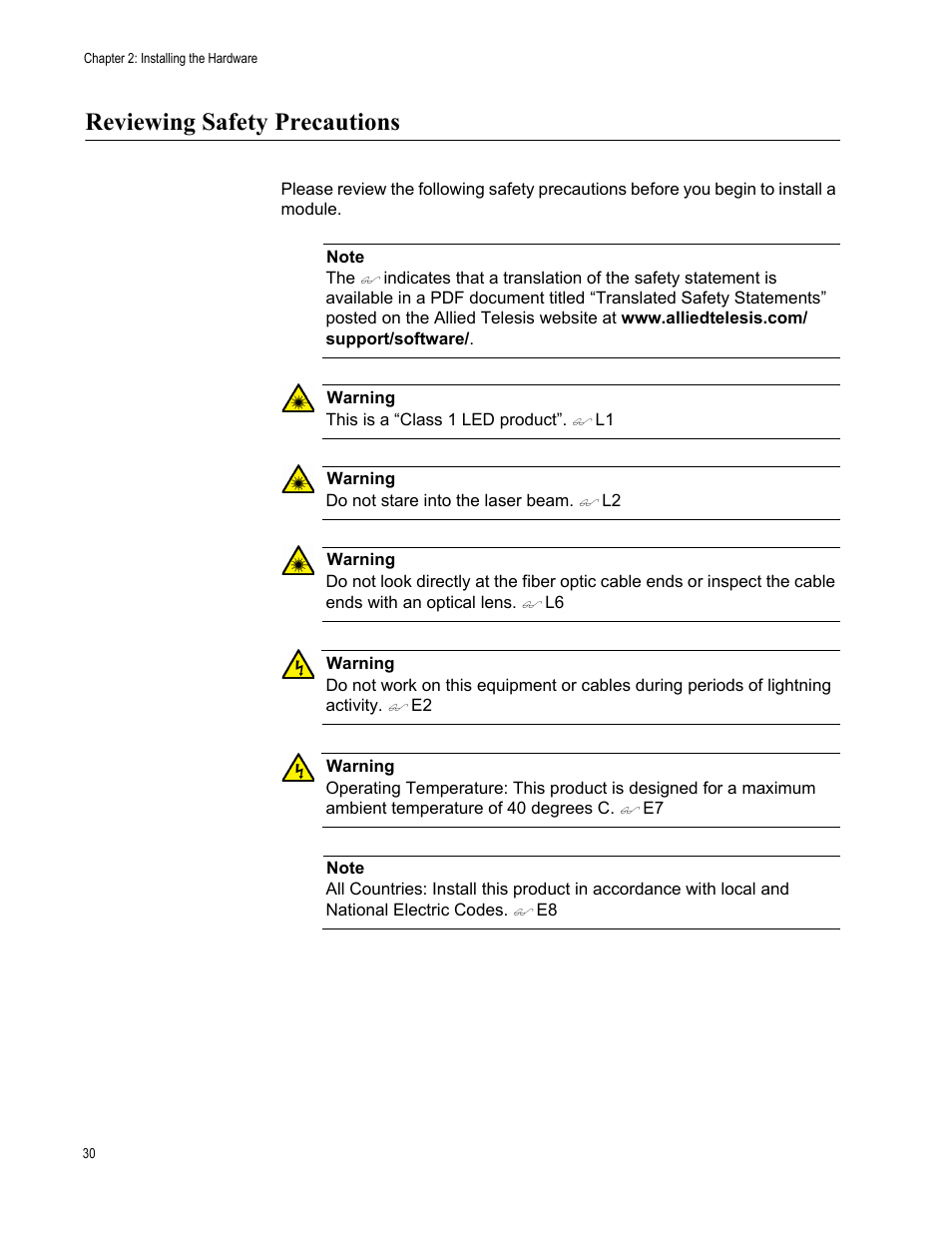 Reviewing safety precautions | Allied Telesis AT-2911 Series Adapters User Manual | Page 30 / 120