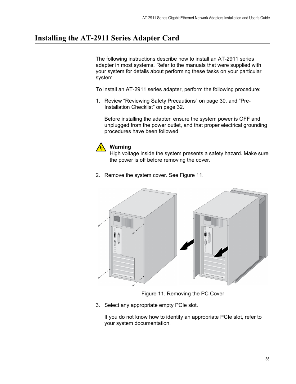 Installing the at-2911 series adapter card, Figure 11: removing the pc cover | Allied Telesis AT-2911 Series Adapters User Manual | Page 35 / 120
