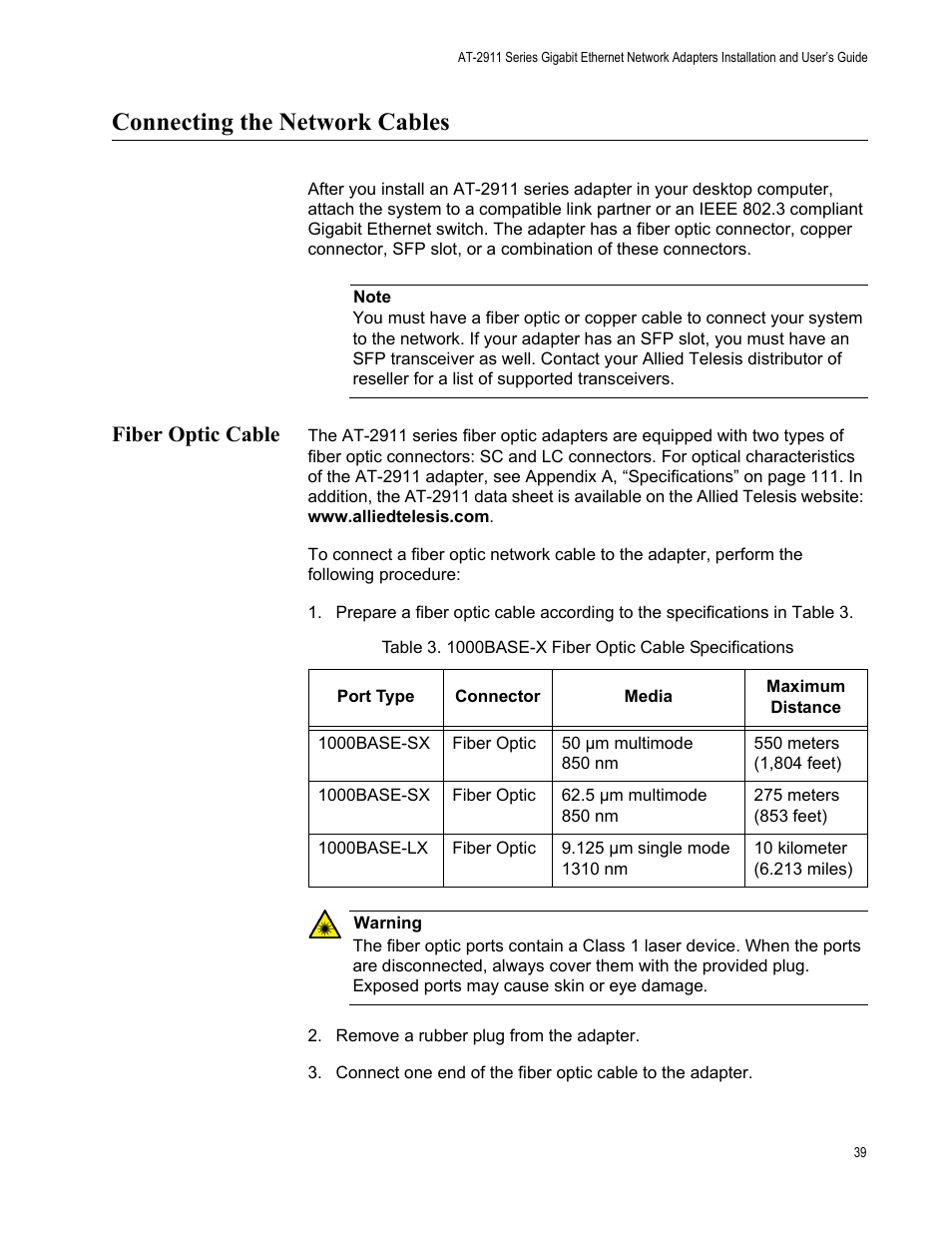 Connecting the network cables, Fiber optic cable | Allied Telesis AT-2911 Series Adapters User Manual | Page 39 / 120