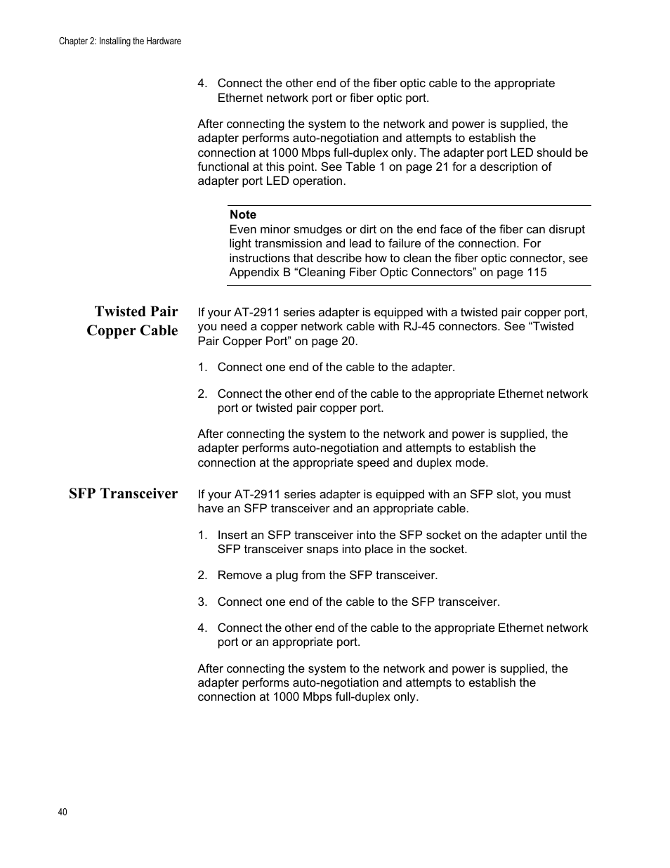 Twisted pair copper cable, Sfp transceiver, Twisted pair copper cable sfp transceiver | Allied Telesis AT-2911 Series Adapters User Manual | Page 40 / 120