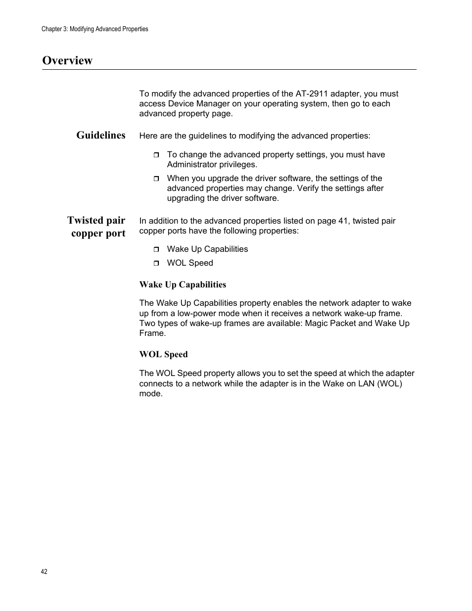 Overview, Guidelines, Twisted pair copper port | Guidelines twisted pair copper port | Allied Telesis AT-2911 Series Adapters User Manual | Page 42 / 120