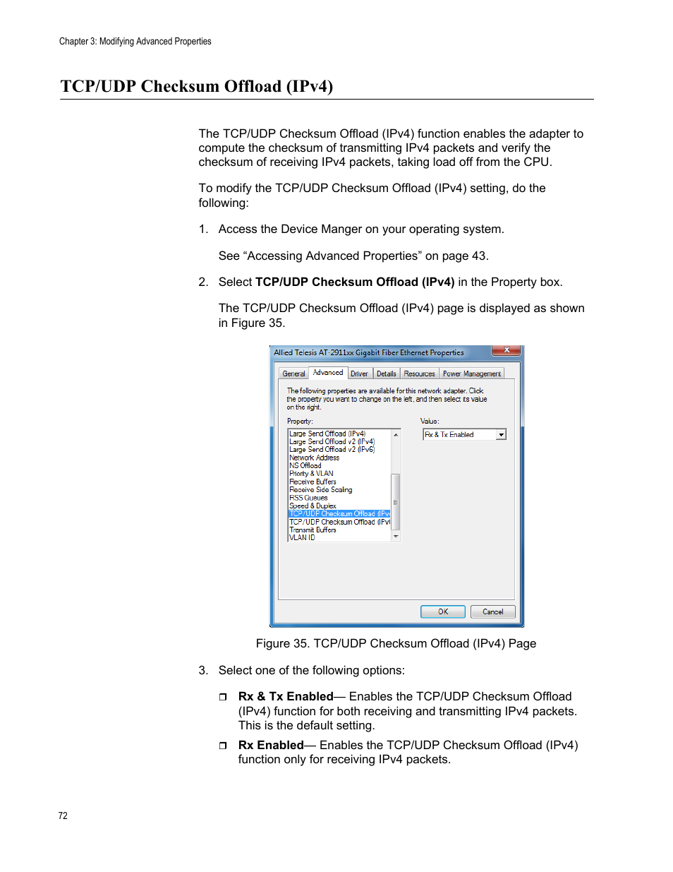 Tcp/udp checksum offload (ipv4) | Allied Telesis AT-2911 Series Adapters User Manual | Page 72 / 120