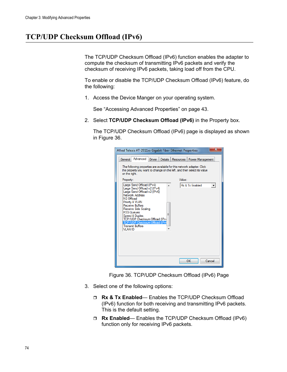 Tcp/udp checksum offload (ipv6) | Allied Telesis AT-2911 Series Adapters User Manual | Page 74 / 120