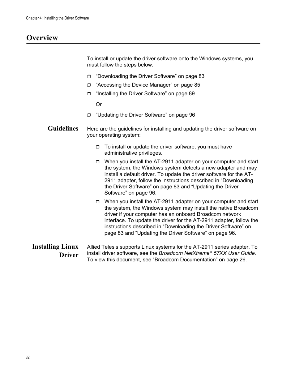 Overview, Guidelines, Installing linux driver | Guidelines installing linux driver | Allied Telesis AT-2911 Series Adapters User Manual | Page 82 / 120