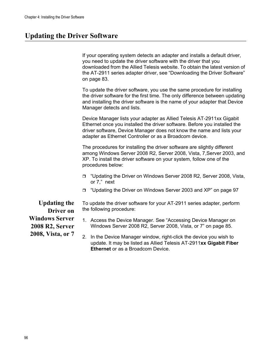 Updating the driver software | Allied Telesis AT-2911 Series Adapters User Manual | Page 96 / 120