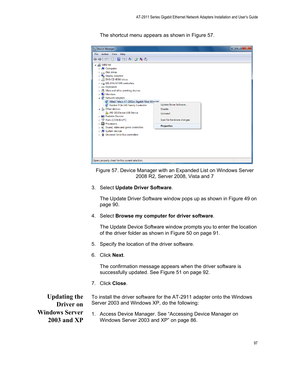 Updating the driver on windows server 2003 and xp | Allied Telesis AT-2911 Series Adapters User Manual | Page 97 / 120