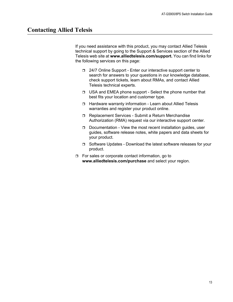 Contacting allied telesis | Allied Telesis AT-GS900/8PS User Manual | Page 13 / 56