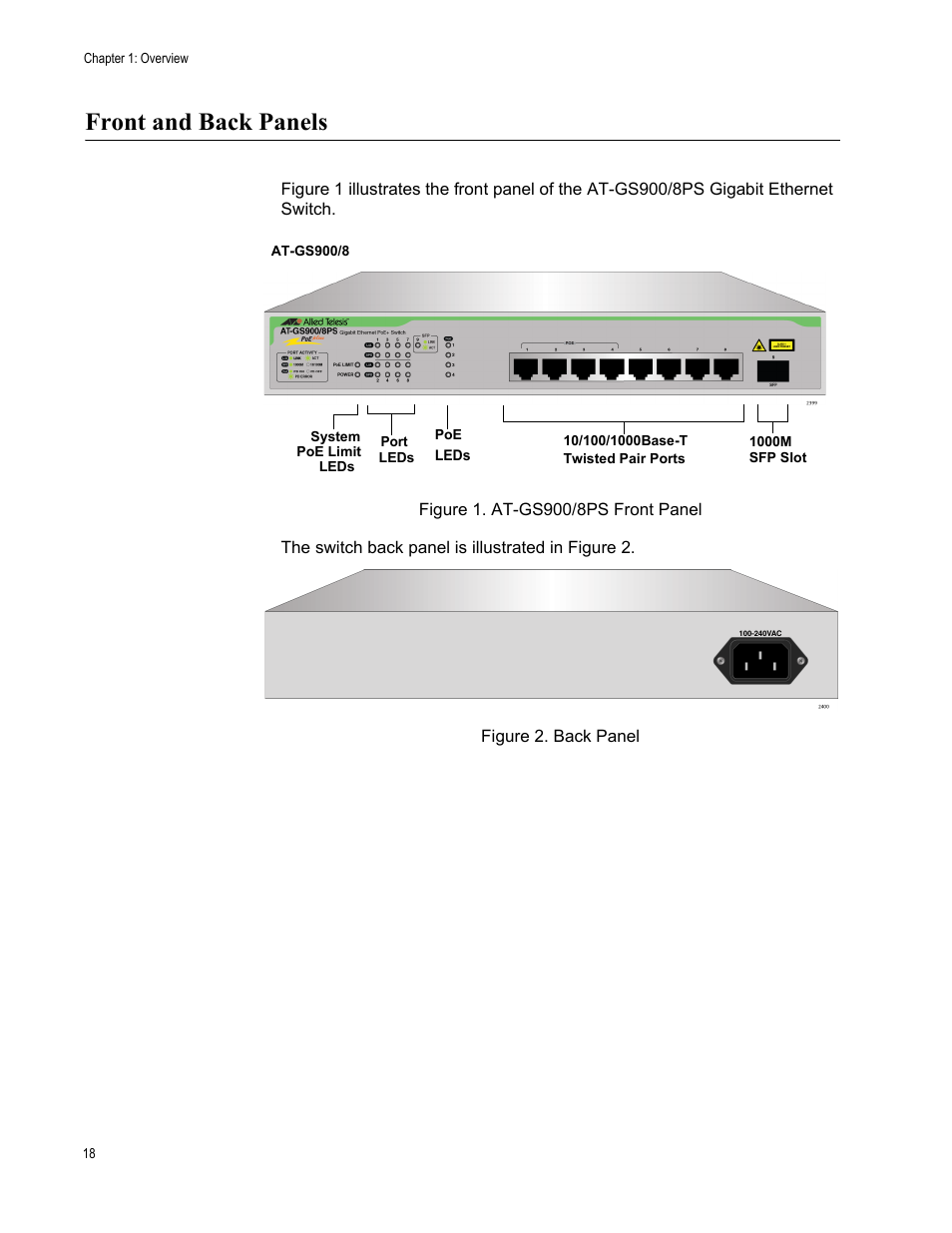 Front and back panels | Allied Telesis AT-GS900/8PS User Manual | Page 18 / 56