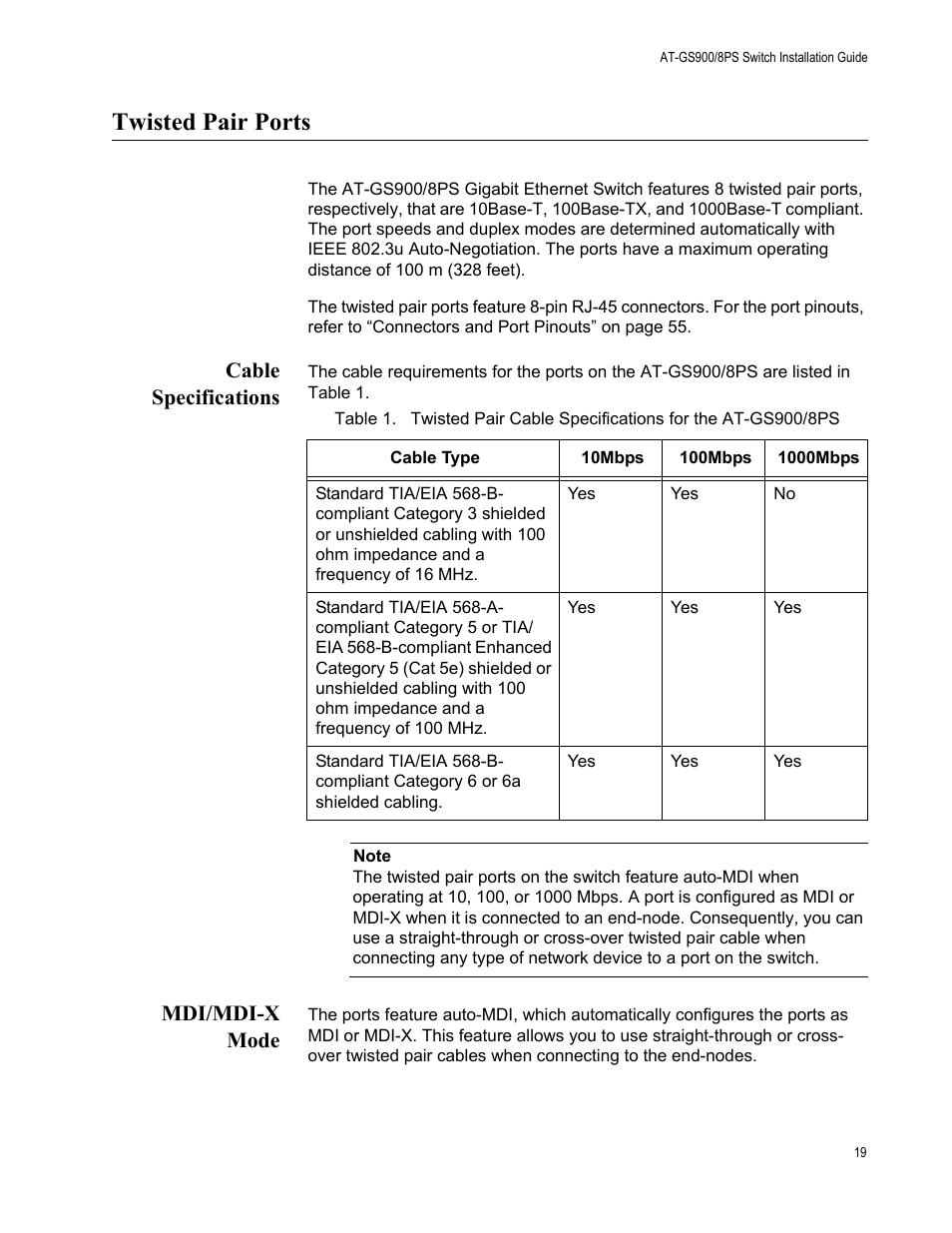 Twisted pair ports, Cable specifications, Mdi/mdi-x mode | Cable specifications mdi/mdi-x mode | Allied Telesis AT-GS900/8PS User Manual | Page 19 / 56