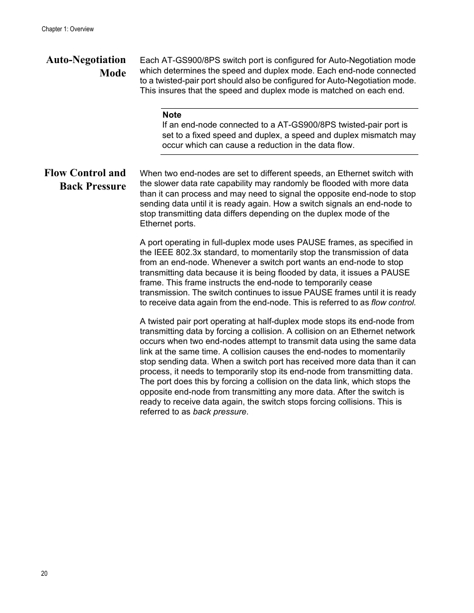 Auto-negotiation mode, Flow control and back pressure | Allied Telesis AT-GS900/8PS User Manual | Page 20 / 56