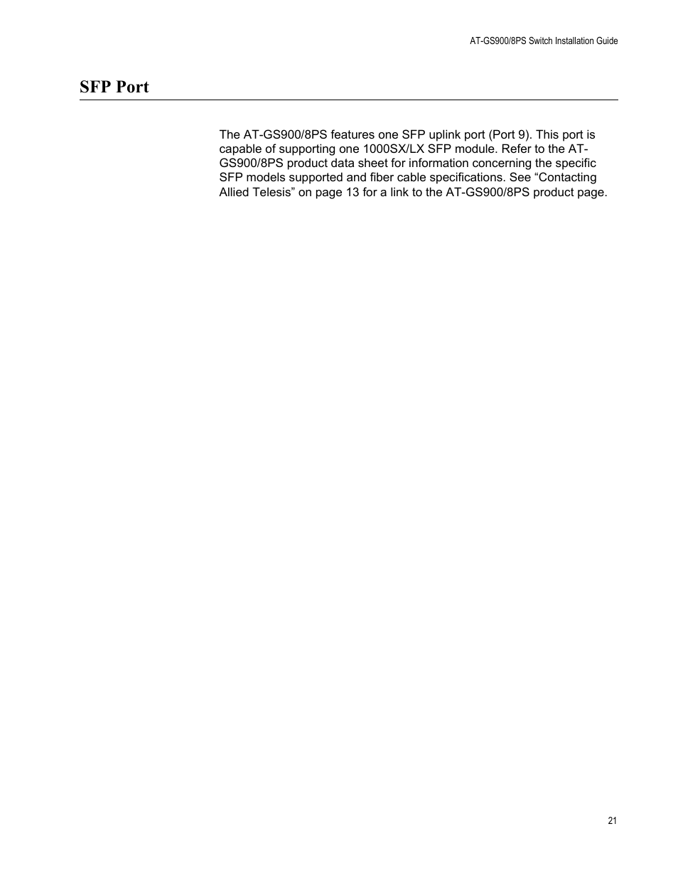 Sfp port | Allied Telesis AT-GS900/8PS User Manual | Page 21 / 56