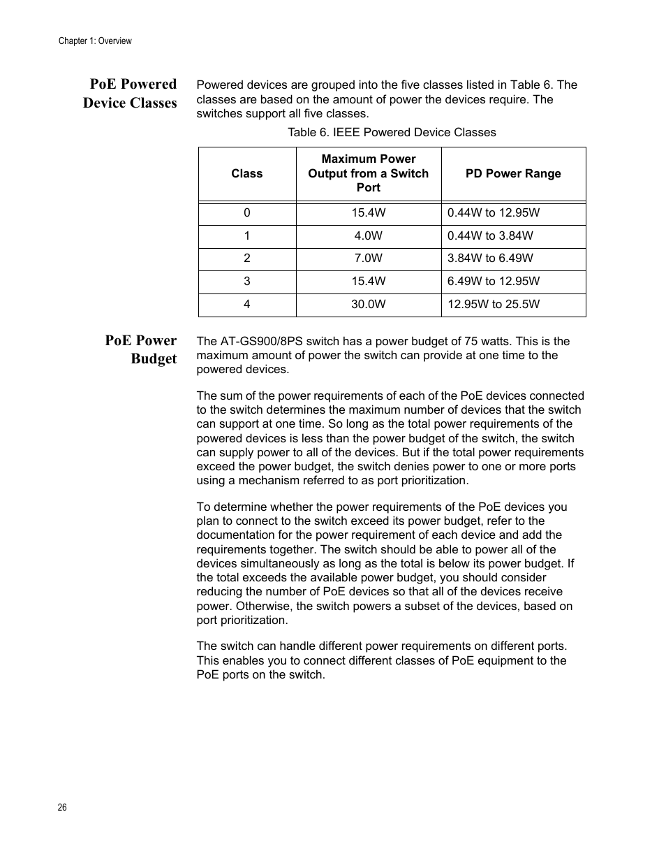 Poe powered device classes, Poe power budget, Poe powered device classes poe power budget | Table 6. ieee powered device classes | Allied Telesis AT-GS900/8PS User Manual | Page 26 / 56